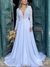 A-line V-neck Lace Chiffon Sweep Train Wedding Dresses #Milly00025233