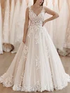 Ball Gown/Princess V-neck Lace Tulle Sweep Train Wedding Dresses With Appliques Lace #Milly00025235