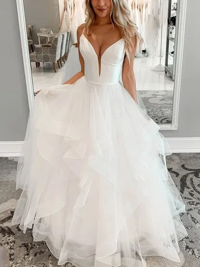 A-line V-neck Tulle Sweep Train Wedding Dresses With Cascading Ruffles #Milly00025238