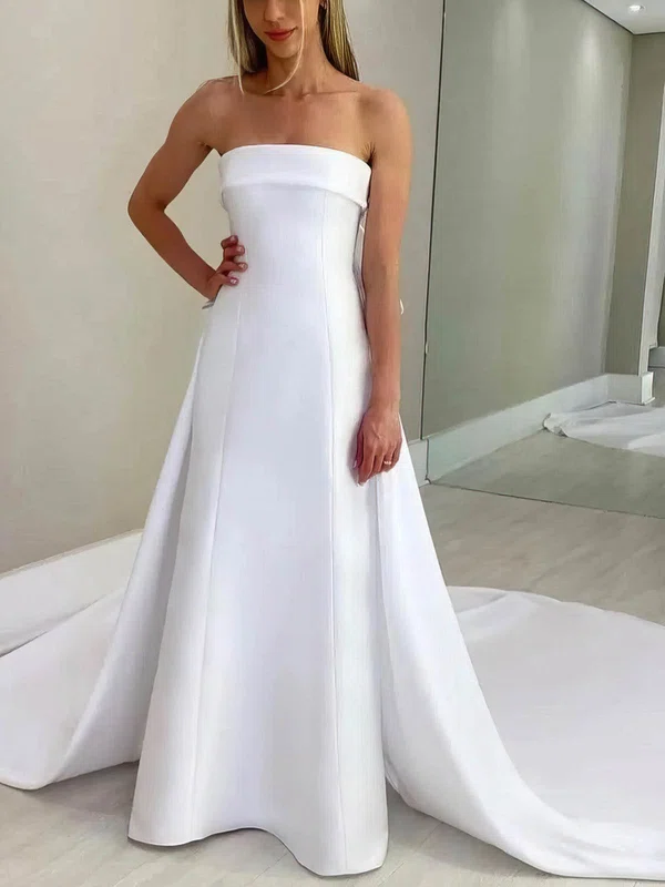 A-line Strapless Satin Sweep Train Wedding Dresses #Milly00025247