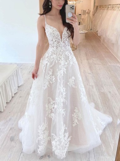 A-line V-neck Tulle Sweep Train Wedding Dresses With Appliques Lace #Milly00025288