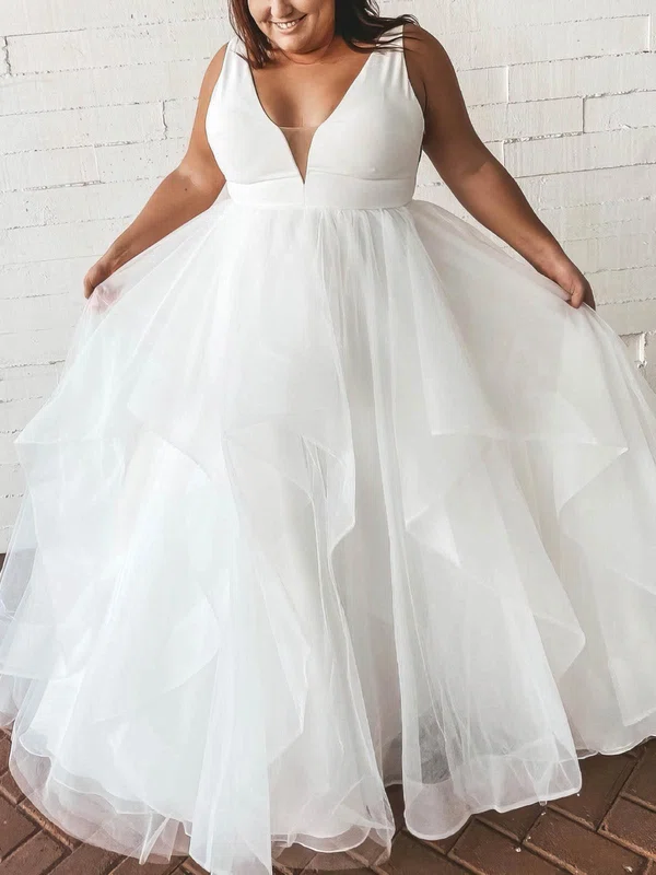 Ball Gown/Princess V-neck Tulle Sweep Train Wedding Dresses With Cascading Ruffles #Milly00025289