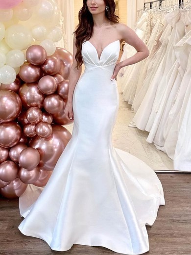 Trumpet/Mermaid V-neck Satin Sweep Train Wedding Dresses With Ruffles #Milly00025293