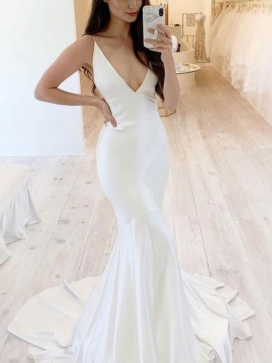 Trumpet/Mermaid V-neck Stretch Crepe Sweep Train Wedding Dresses #Milly00025301