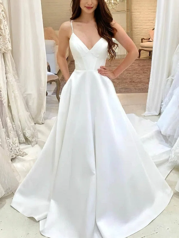 A-line V-neck Satin Court Train Wedding Dresses With Pockets #Milly00025304