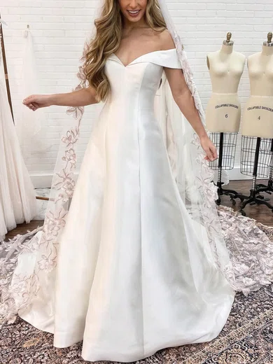A-line Off-the-shoulder Satin Sweep Train Wedding Dresses #Milly00025329