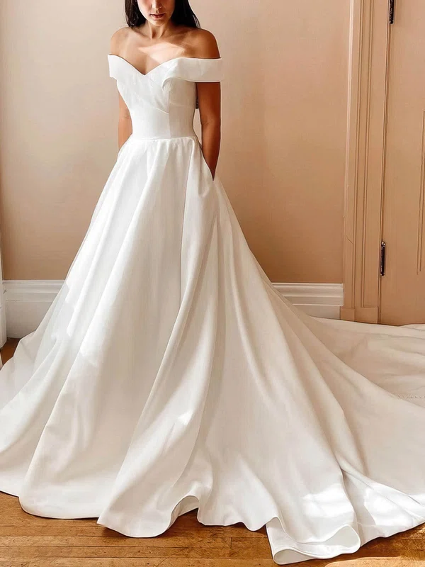 A-line Off-the-shoulder Satin Court Train Wedding Dresses With Pockets #Milly00025338