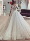 Ball Gown/Princess Scoop Neck Tulle Sweep Train Wedding Dresses With Appliques Lace #Milly00025370