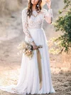 A-line Scoop Neck Chiffon Tulle Sweep Train Wedding Dresses With Appliques Lace #Milly00025376