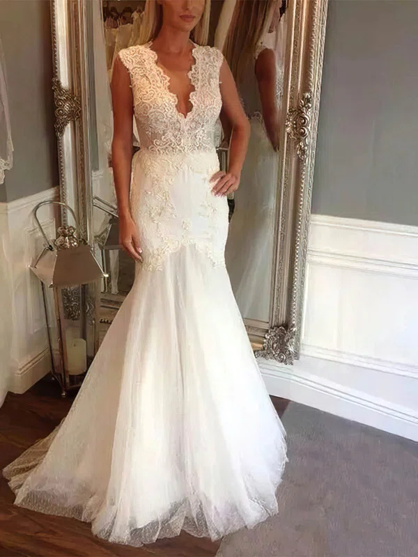 Trumpet/Mermaid V-neck Tulle Lace Sweep Train Wedding Dresses With Appliques Lace #Milly00025405