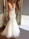 Trumpet/Mermaid V-neck Tulle Lace Sweep Train Wedding Dresses With Appliques Lace #Milly00025405