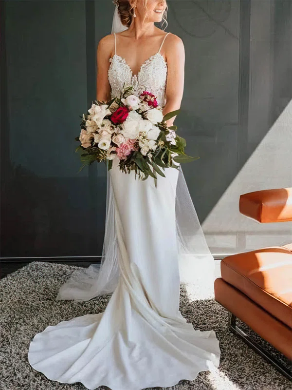 Sheath/Column V-neck Stretch Crepe Sweep Train Wedding Dresses With Appliques Lace #Milly00025421