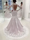 Trumpet/Mermaid V-neck Lace Tulle Sweep Train Wedding Dresses With Appliques Lace #Milly00025426