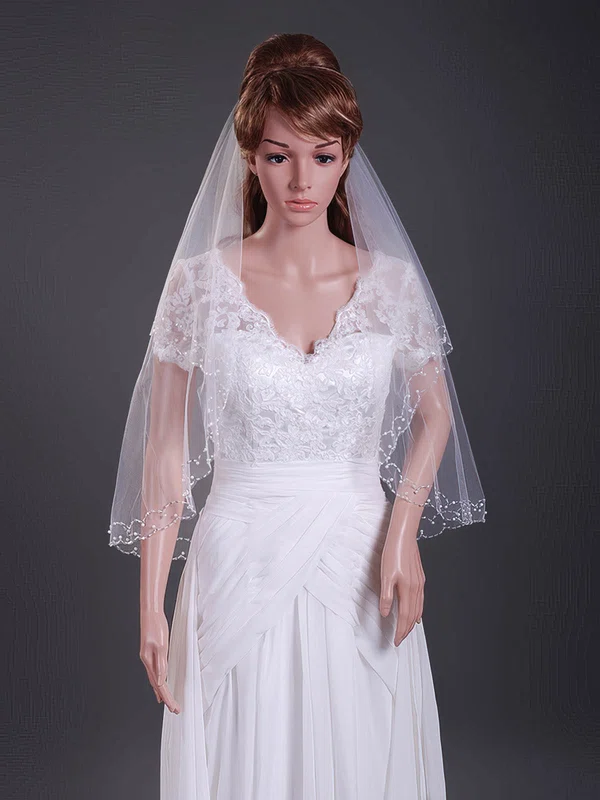 Nice Two-tier Tulle Elbow Wedding Veils with Beaded Edge #1430170