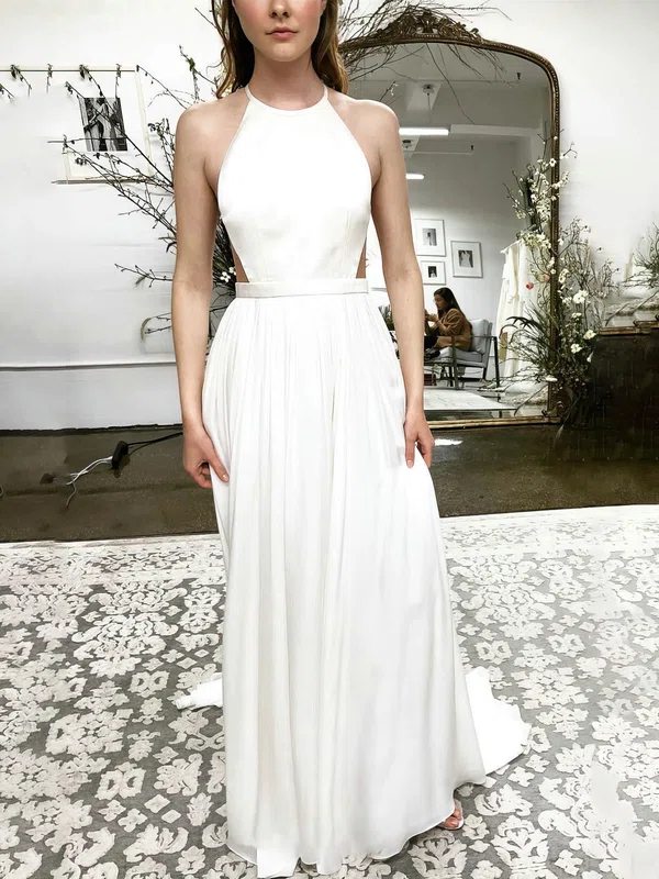 A-line Scoop Neck Chiffon Sweep Train Wedding Dresses #Milly00025711