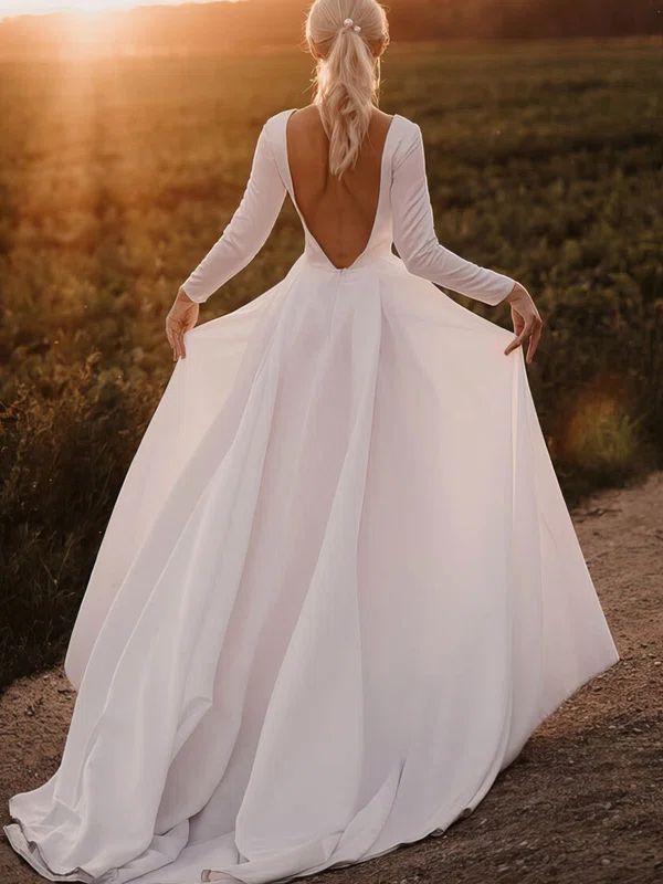 A-line Scoop Neck Satin Sweep Train Wedding Dresses #Milly00025731
