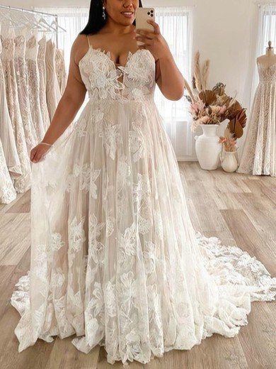 A-line V-neck Tulle Lace Sweep Train Wedding Dresses With Appliques Lace #Milly00025738