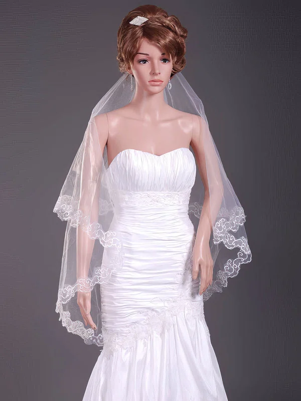 Elegant Two-tier Tulle Fingertip Wedding Veils with Lace Applique Edge #1430177