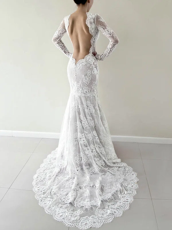 Trumpet/Mermaid V-neck Lace Sweep Train Wedding Dresses #Milly00025771