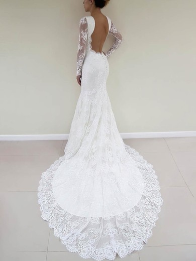 Trumpet/Mermaid Scoop Neck Lace Sweep Train Wedding Dresses #Milly00025772