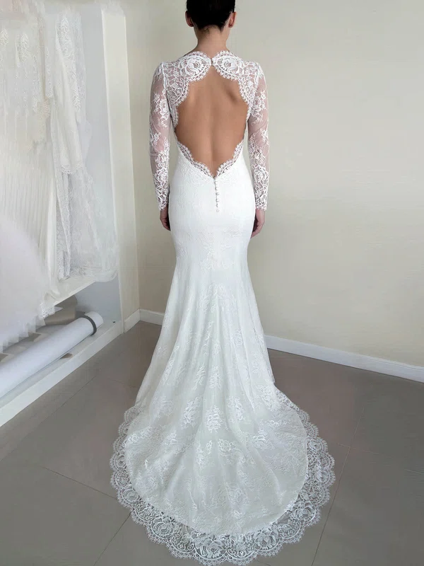 Trumpet/Mermaid V-neck Lace Sweep Train Wedding Dresses #Milly00025773