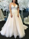 A-line V-neck Lace Tulle Sweep Train Wedding Dresses With Appliques Lace #Milly00025774