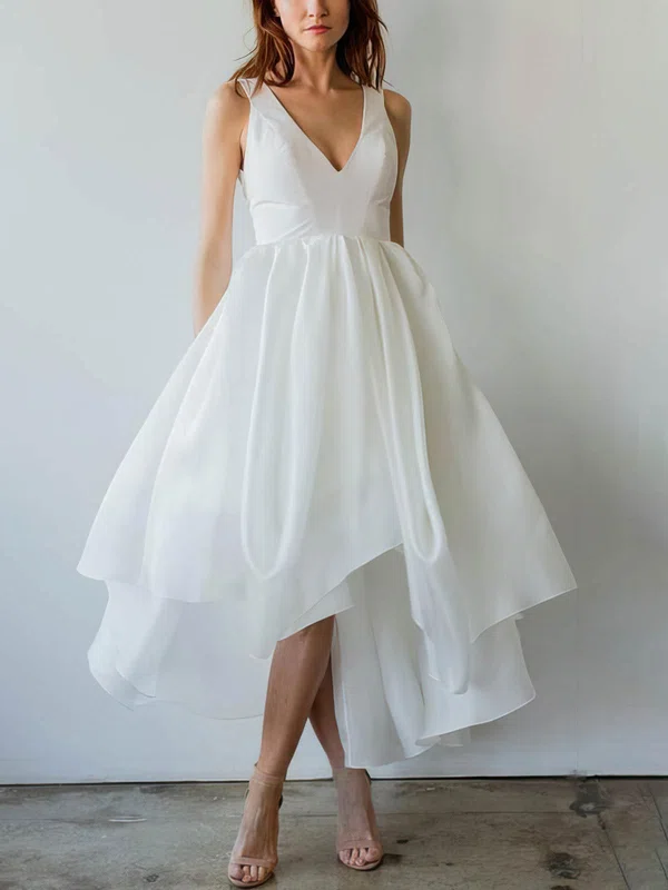 A-line V-neck Organza Asymmetrical Wedding Dresses #Milly00025539