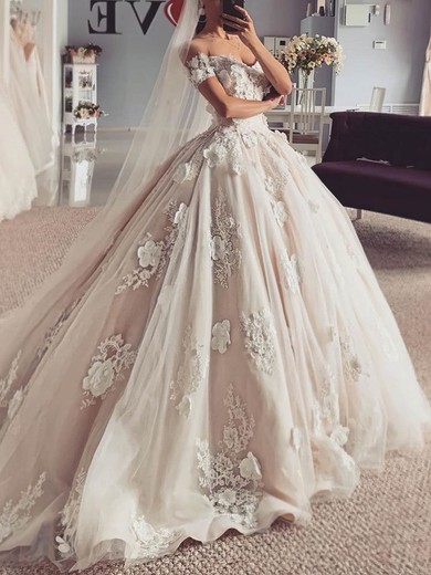 Ball Gown/Princess Off-the-shoulder Tulle Court Train Wedding Dresses With Flower(s) #Milly00025573