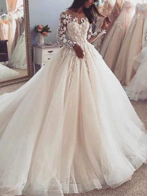 Ball Gown/Princess Scoop Neck Tulle Court Train Wedding Dresses With Appliques Lace #Milly00025575