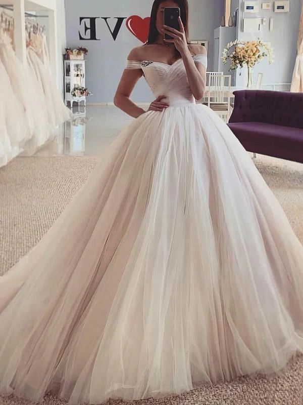 Ball Gown/Princess Off-the-shoulder Tulle Sweep Train Wedding Dresses With Crystal Brooch #Milly00025576