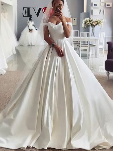 Ball Gown/Princess Off-the-shoulder Satin Sweep Train Wedding Dresses #Milly00025595