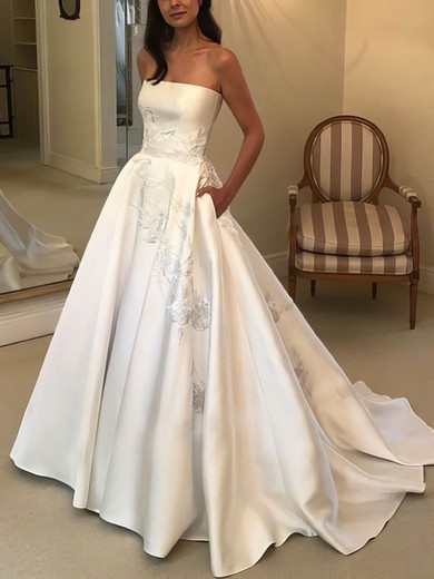 A-line Strapless Satin Sweep Train Wedding Dresses With Pockets #Milly00025857