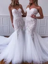 Trumpet/Mermaid Sweetheart Lace Tulle Sweep Train Wedding Dresses With Appliques Lace #Milly00025884