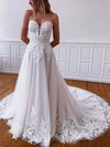 A-line Sweetheart Tulle Sweep Train Wedding Dresses With Appliques Lace #Milly00025885