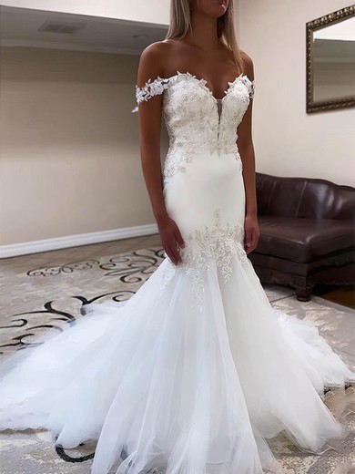 Trumpet/Mermaid Off-the-shoulder Tulle Sweep Train Wedding Dresses With Appliques Lace #Milly00025888