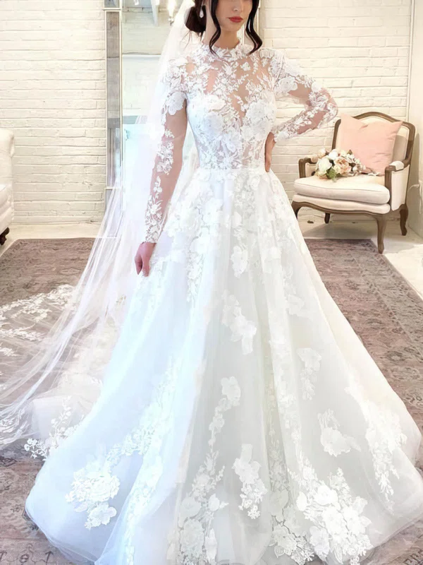 A-line High Neck Tulle Sweep Train Wedding Dresses With Appliques Lace #Milly00025965