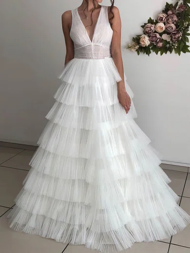 A-line V-neck Tulle Sweep Train Wedding Dresses With Tiered #Milly00026007