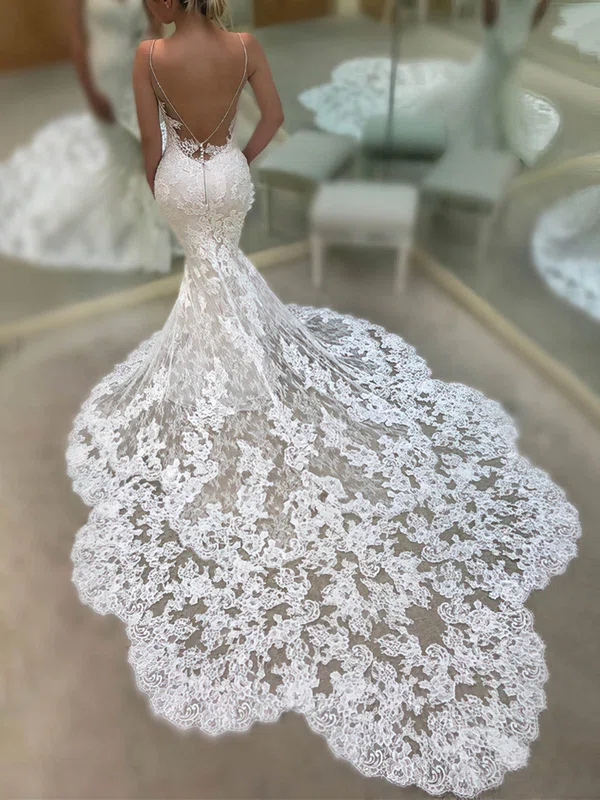 Trumpet/Mermaid V-neck Lace Tulle Sweep Train Wedding Dresses With Appliques Lace #Milly00026028