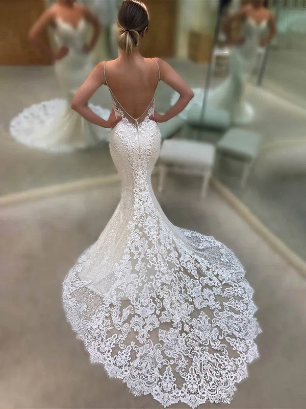 Trumpet/Mermaid V-neck Lace Glitter Sweep Train Wedding Dresses With Appliques Lace #Milly00026029