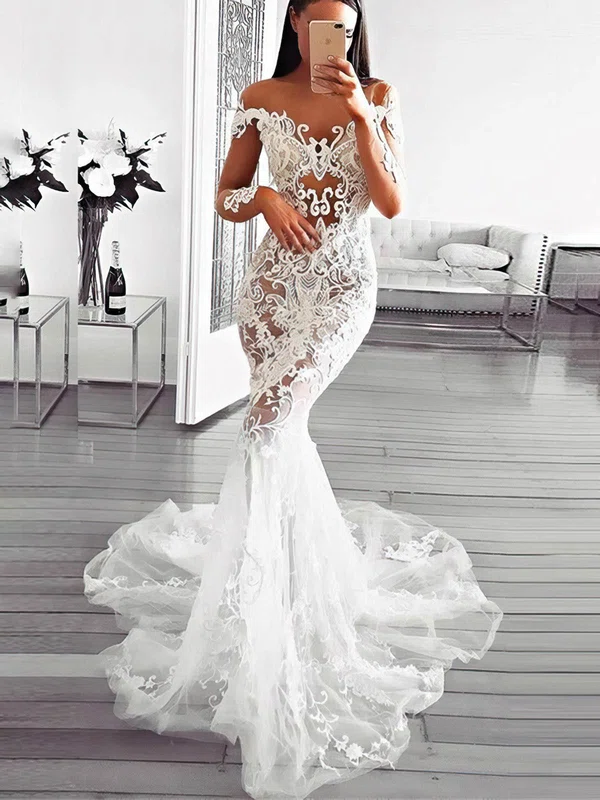 Trumpet/Mermaid Off-the-shoulder Tulle Sweep Train Wedding Dresses With Appliques Lace #Milly00026064