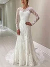 Trumpet/Mermaid Scoop Neck Lace Sweep Train Wedding Dresses With Appliques Lace #Milly00026145