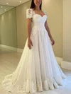 A-line V-neck Lace Tulle Sweep Train Wedding Dresses With Appliques Lace #Milly00026146