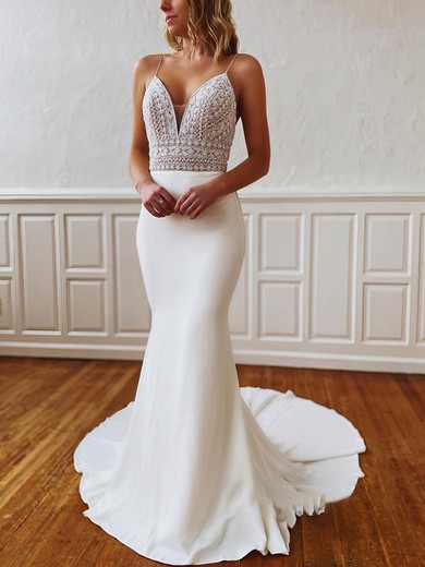 Trumpet/Mermaid V-neck Stretch Crepe Lace Sweep Train Wedding Dresses #Milly00026249