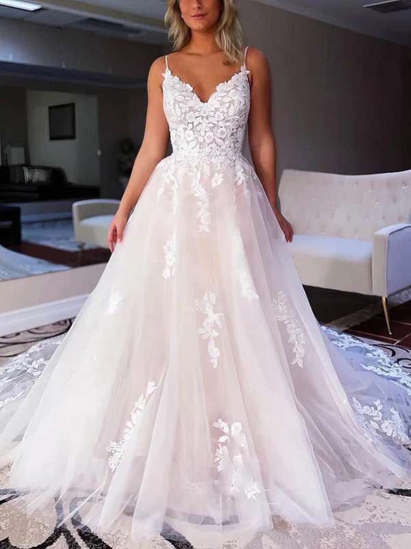 A-line V-neck Tulle Sweep Train Wedding Dresses With Appliques Lace #Milly00026250