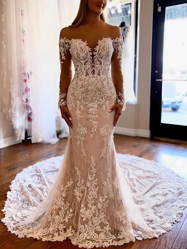 Trumpet/Mermaid Off-the-shoulder Tulle Court Train Wedding Dresses With Appliques Lace #Milly00026253