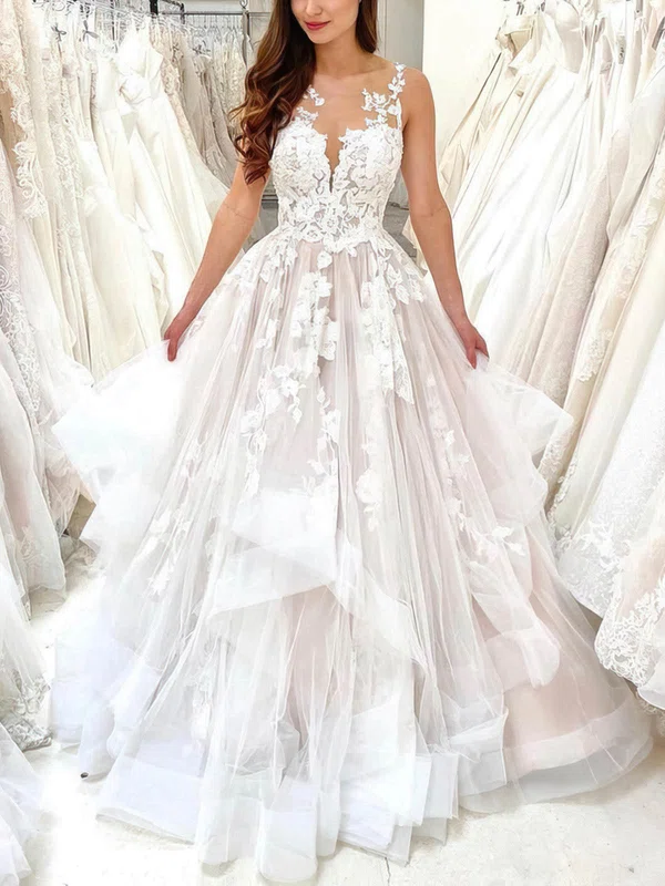 Ball Gown/Princess Scoop Neck Tulle Sweep Train Wedding Dresses With Cascading Ruffles #Milly00026287