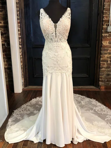 Trumpet/Mermaid V-neck Chiffon Tulle Sweep Train Wedding Dresses With Appliques Lace #Milly00026331