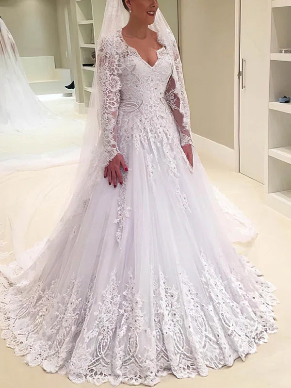 Ball Gown/Princess V-neck Lace Tulle Sweep Train Wedding Dresses With Appliques Lace #Milly00026363