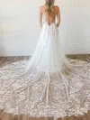 A-line V-neck Tulle Sweep Train Wedding Dresses With Appliques Lace #Milly00026382