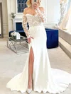 Trumpet/Mermaid Off-the-shoulder Lace Stretch Crepe Sweep Train Wedding Dresses With Split Front #Milly00026388